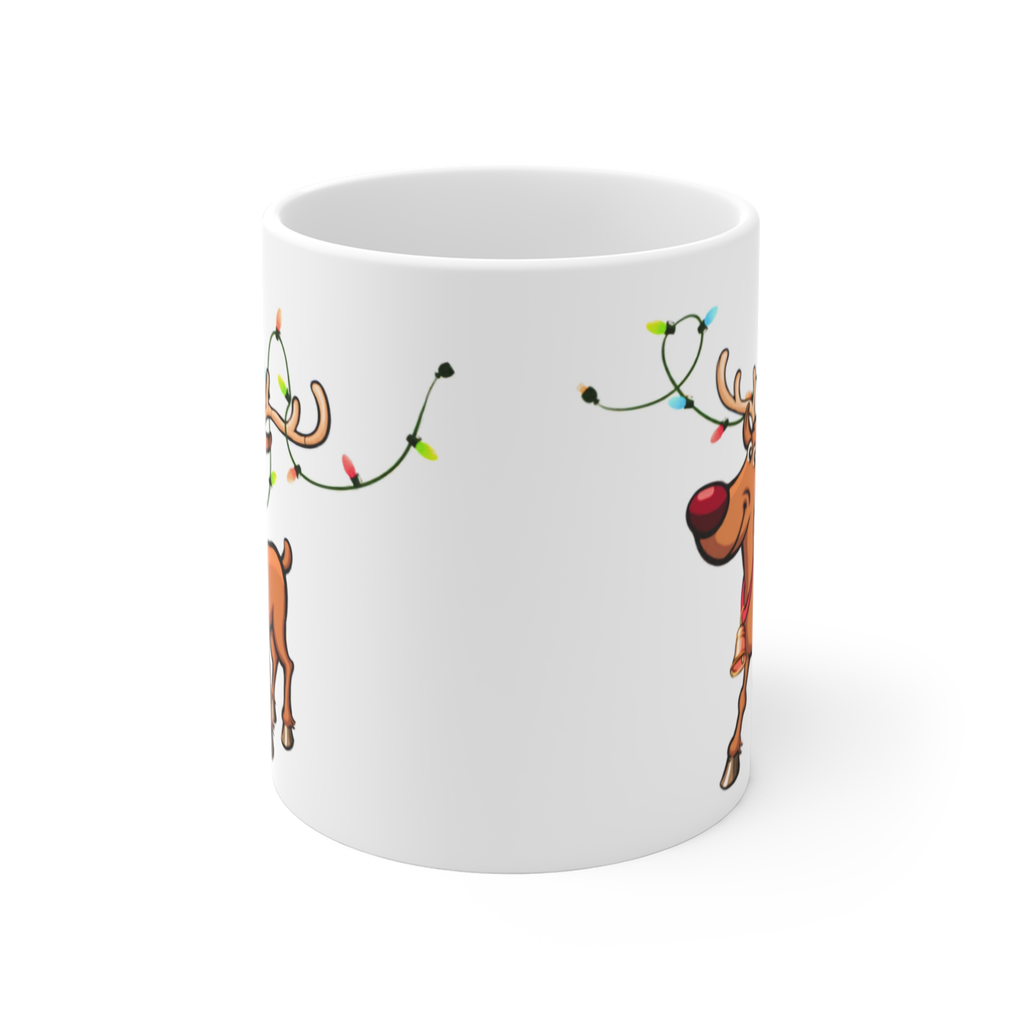 Festive Reindeer Mug - 11oz Christmas Coffee Cup with Holiday Lights
